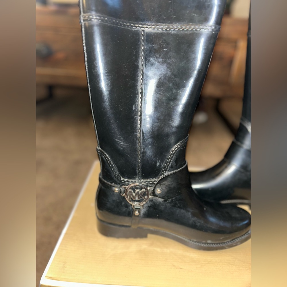 Women's Michael Kors Fulton Harness Knee High Tall Rubber Rainboots  Black 7M